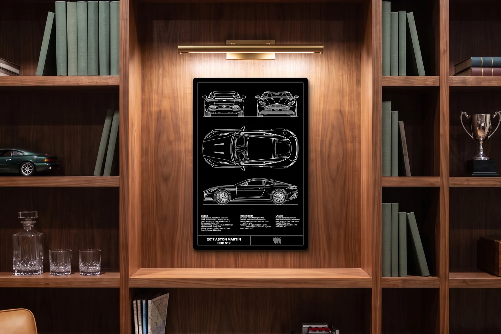 2017 Aston Martin DB11, in a walnut library, portrait
