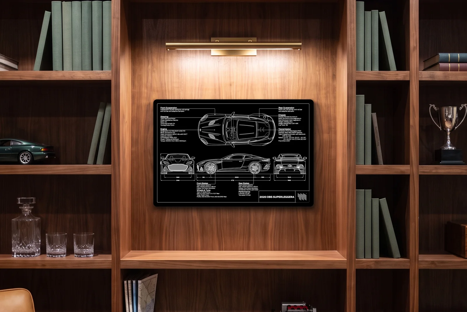2020 DBS Superleggera, in a walnut library, landscape