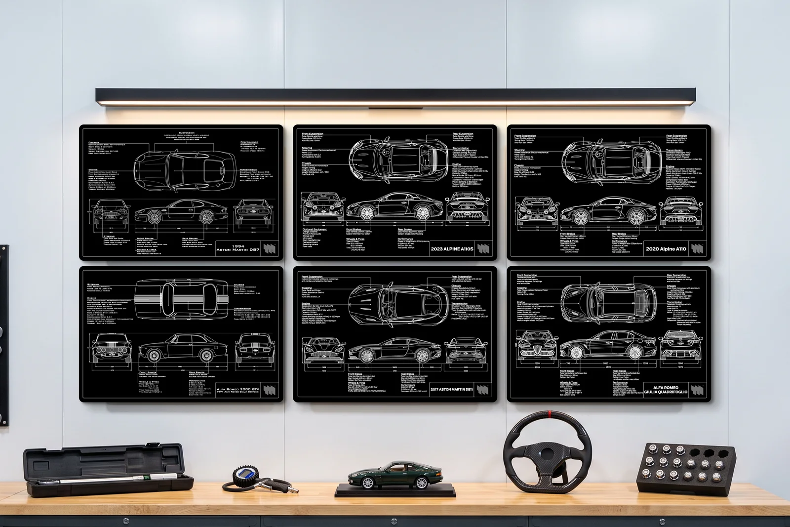 2023 Alpine A110 S, one of six on a workshop wall