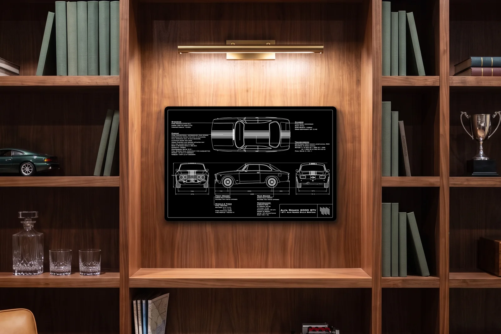 Alfa GTV 2000 1971, in a walnut library, landscape