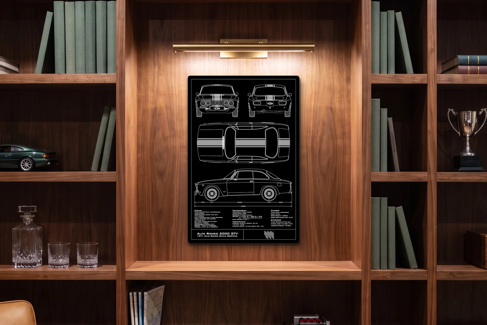 Alfa GTV 2000 1971, in a walnut library, portrait