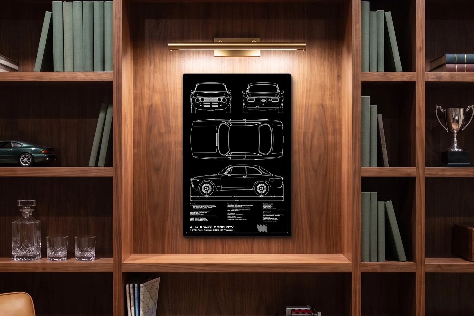 Alfa GTV 2000 1973, in a walnut library, portrait