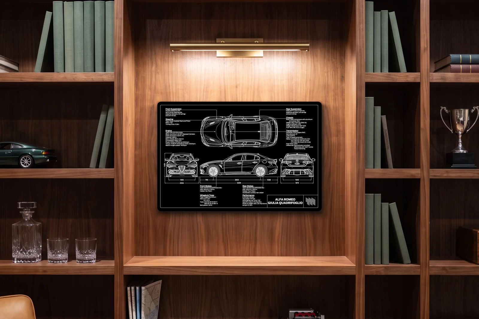 Alfa Romeo Giulia Quadrifoglio, in a walnut library, landscape