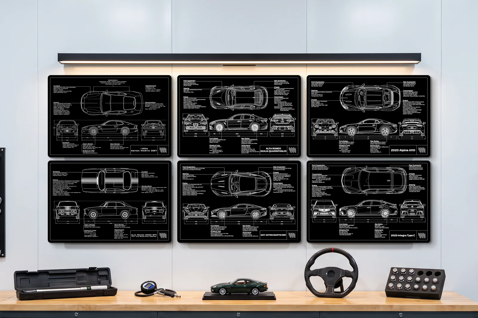 Alfa Romeo Giulia Quadrifoglio, one of six on a workshop wall
