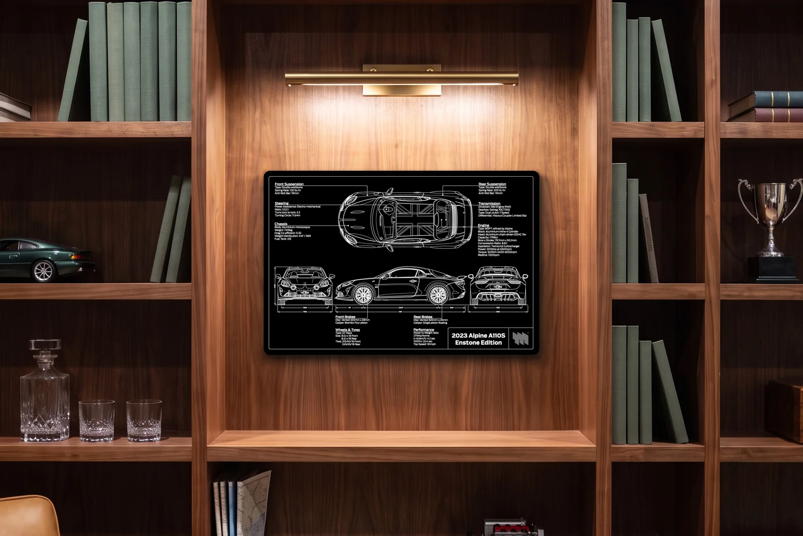 Alpine A110S Enstone, in a walnut library, landscape