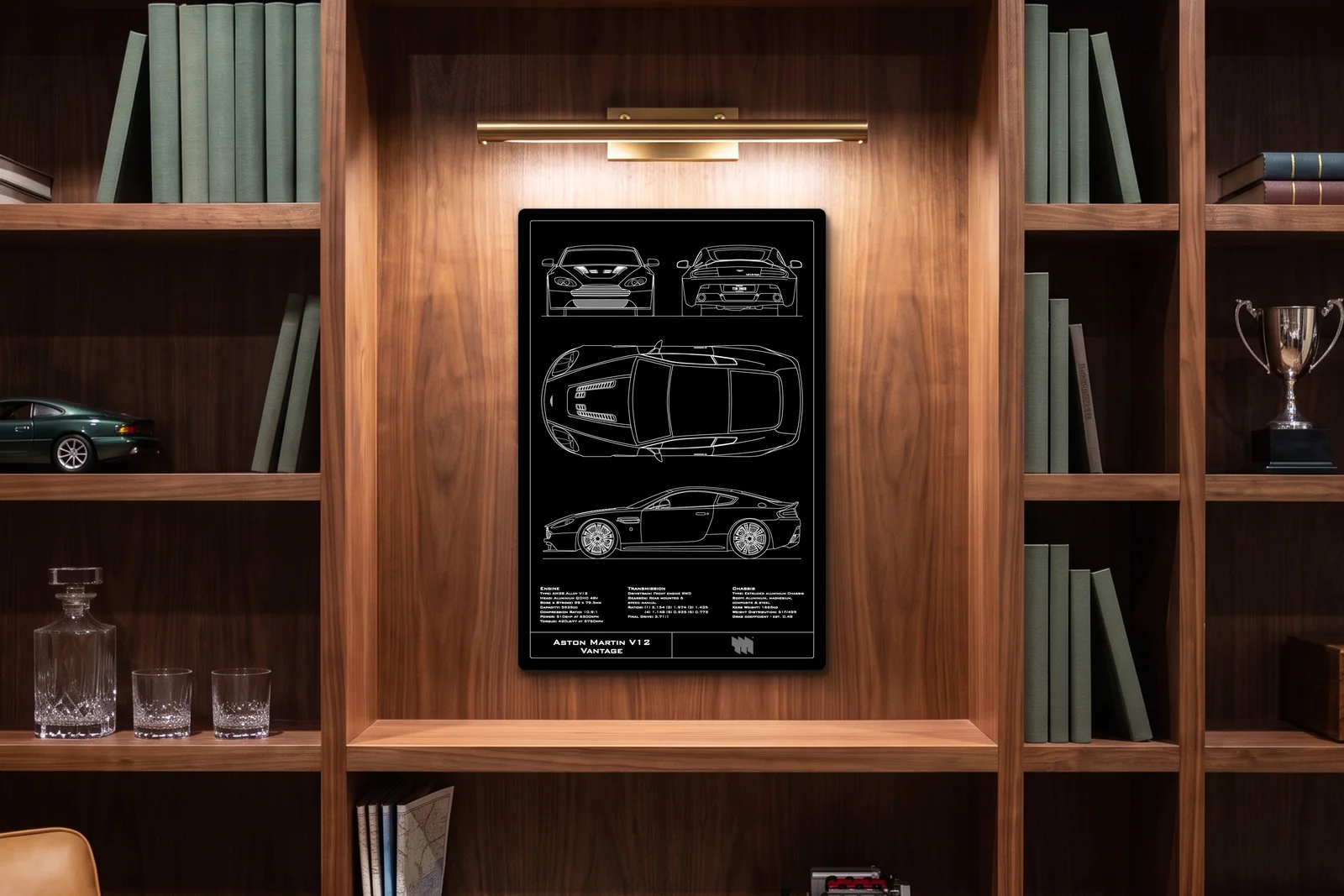 Aston Martin V12 Vantage, in a walnut library, portrait