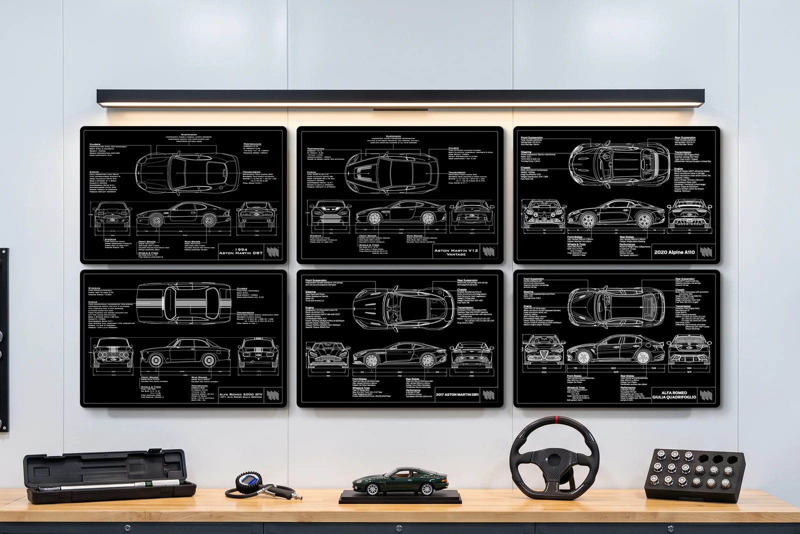 Aston Martin V12 Vantage, one of six on a workshop wall